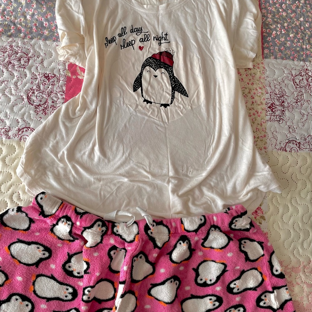 Cozy Penguin Pajama Set - White Top & Pink Penguin Shorts